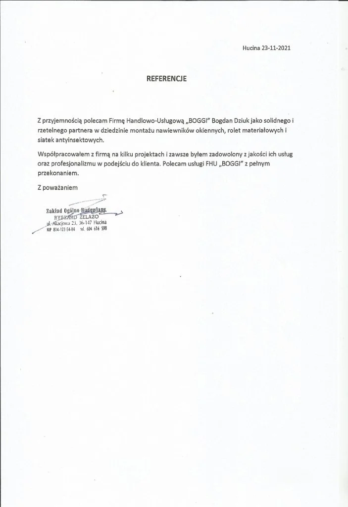 List referencyjny od Zakładu Ogólno Budowlanego Ryszard Żelazo