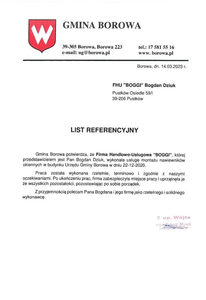 List referencyjny od Urzędu Gminy Borowej